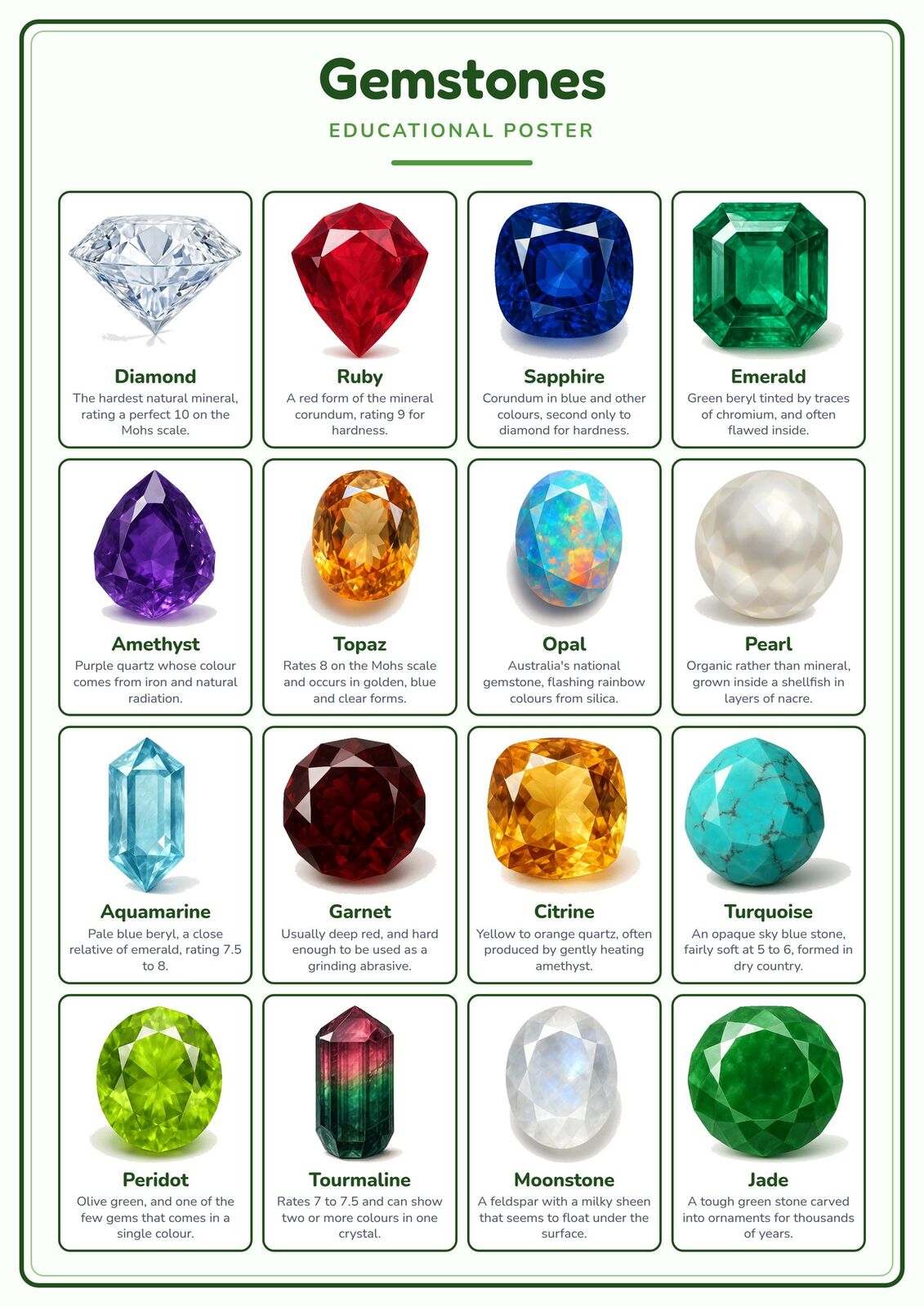 Gemstones: A4 Matte Laminated Educational Poster Print - 210x297mm