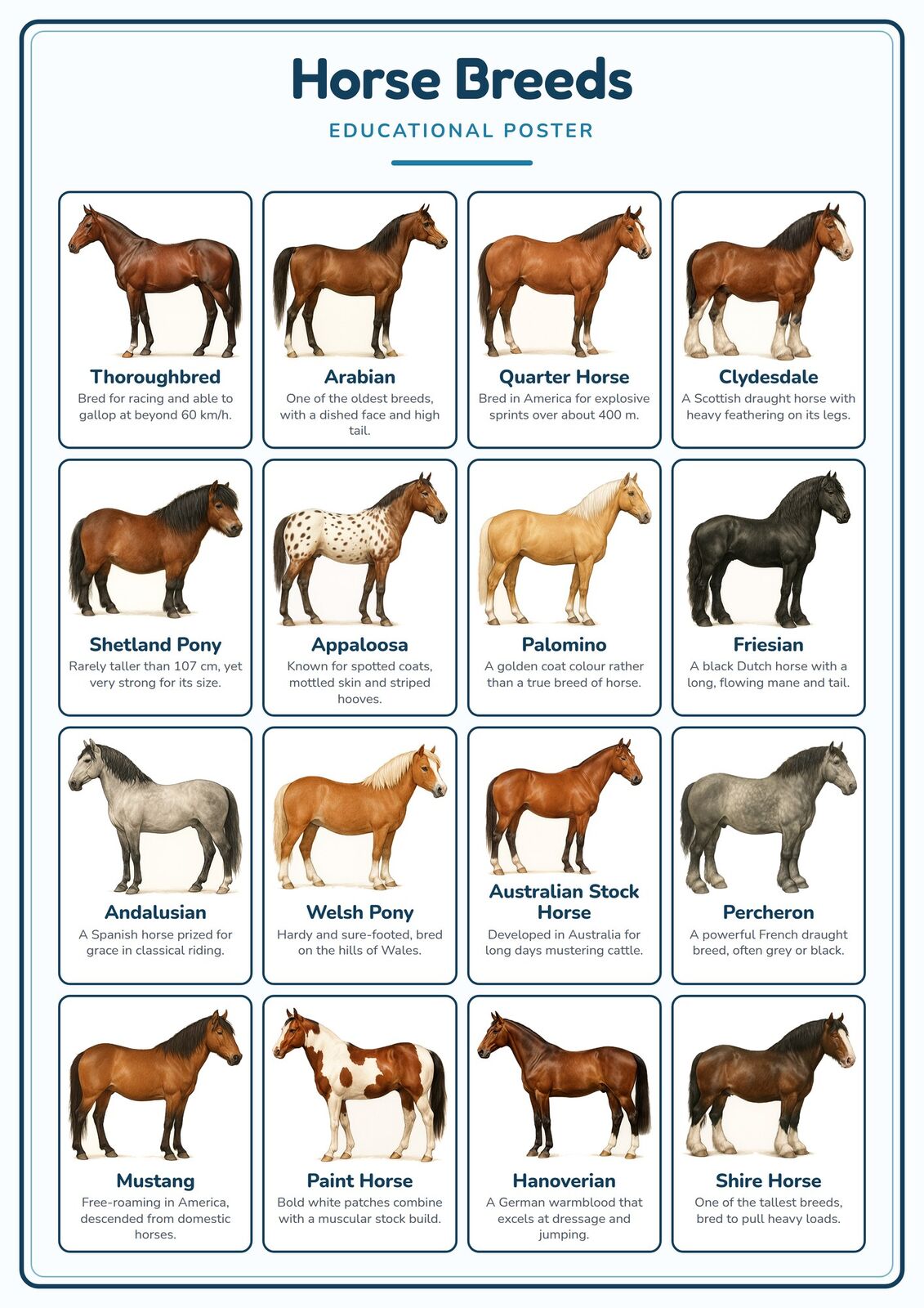 Horse Breeds: A4 Matte Laminated Educational Poster Print - 210x297mm
