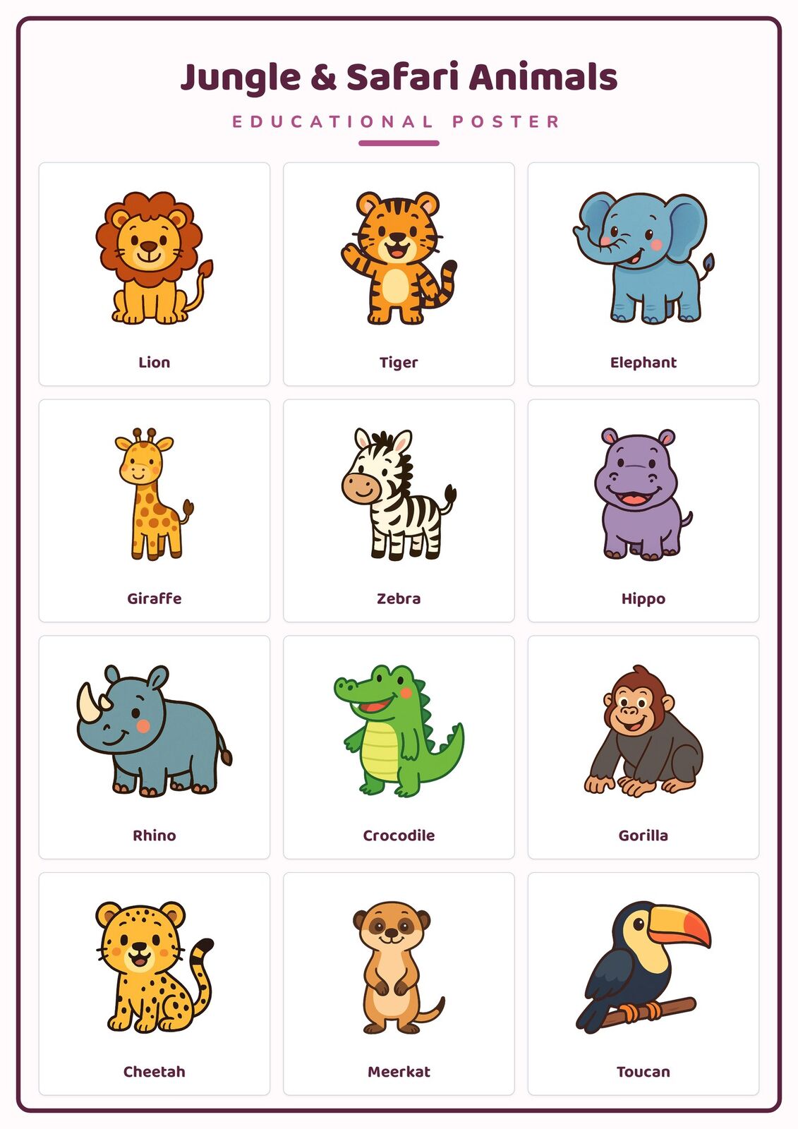 Jungle & Safari Animals: A4 Matte Laminated Educational Poster Print - 210x297mm