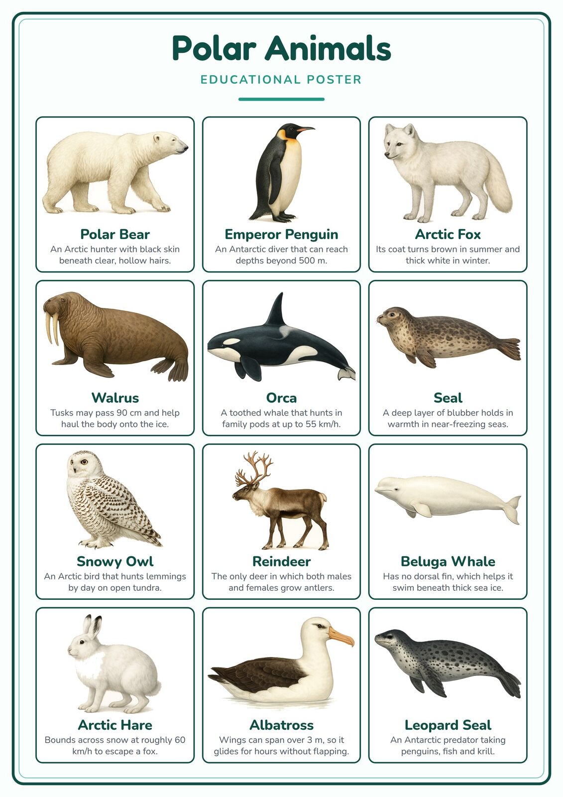 Polar Animals: A4 Matte Laminated Educational Poster Print - 210x297mm