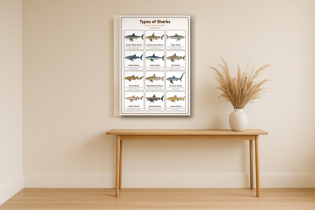 Types of Sharks: A4 Matte Laminated Educational Poster Print - 210x297mm