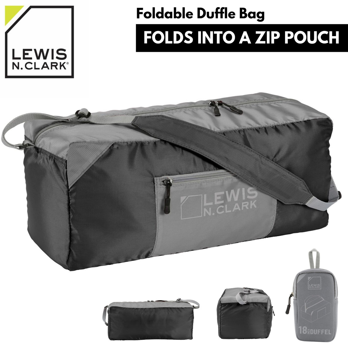 Lewis N. Clark 18" Packable Foldable Travel Compact Duffle Bag - Black/Grey