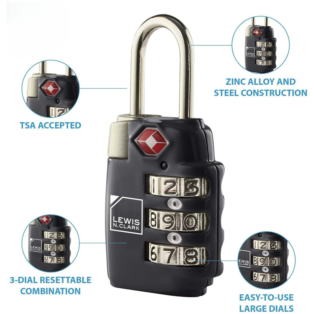3x Lewis N Clark TSA Lock Combination Travel Luggage Padlock - Black