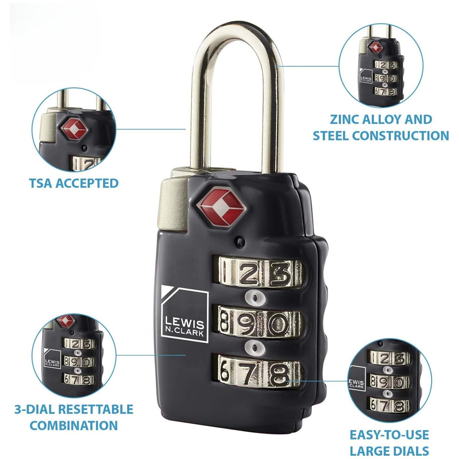 3x Lewis N Clark TSA Lock Combination Travel Luggage Padlock - Black