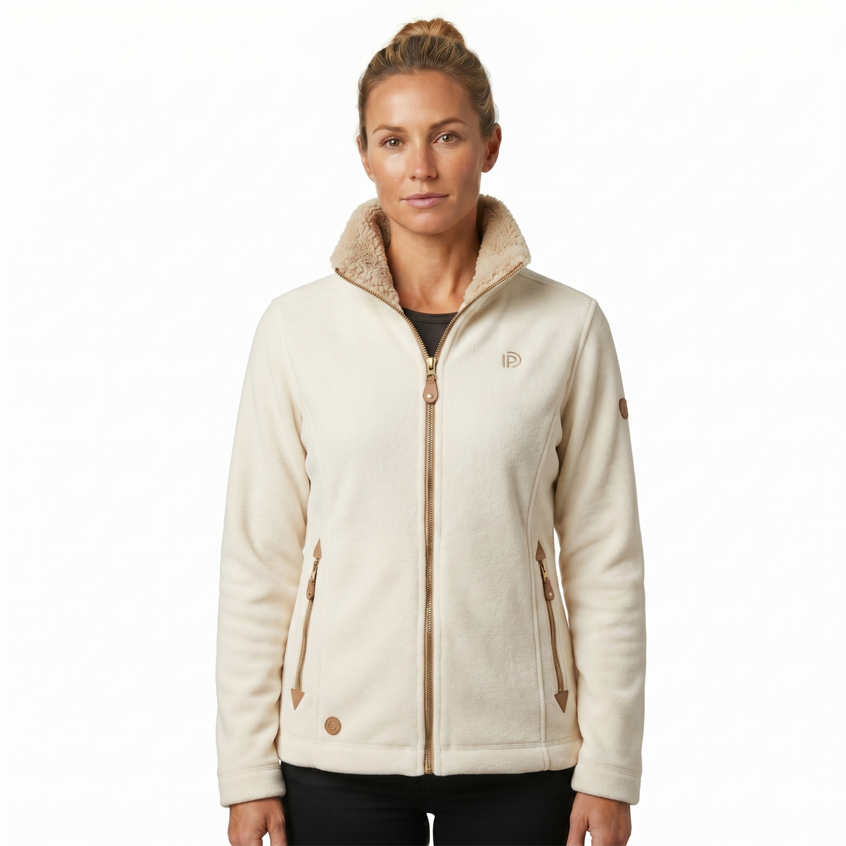 Womens Sherpa Fur Coral Fleece Zip-Up Winter Jacket in White/Beige (400gsm)