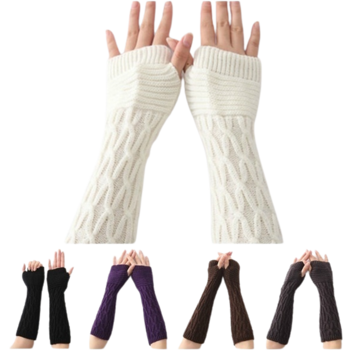 ARM WARMERS Knitted Long Fingerless Gloves Winter Mitten Cover Womens Party - Beige