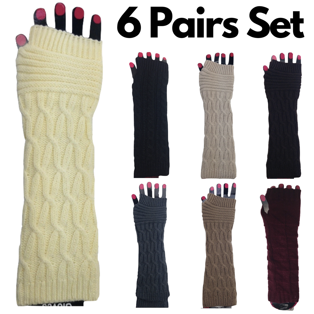 6x Set Arm Warmers Knitted Long Fingerless Gloves Winter Mitten Womens Cover New - Black