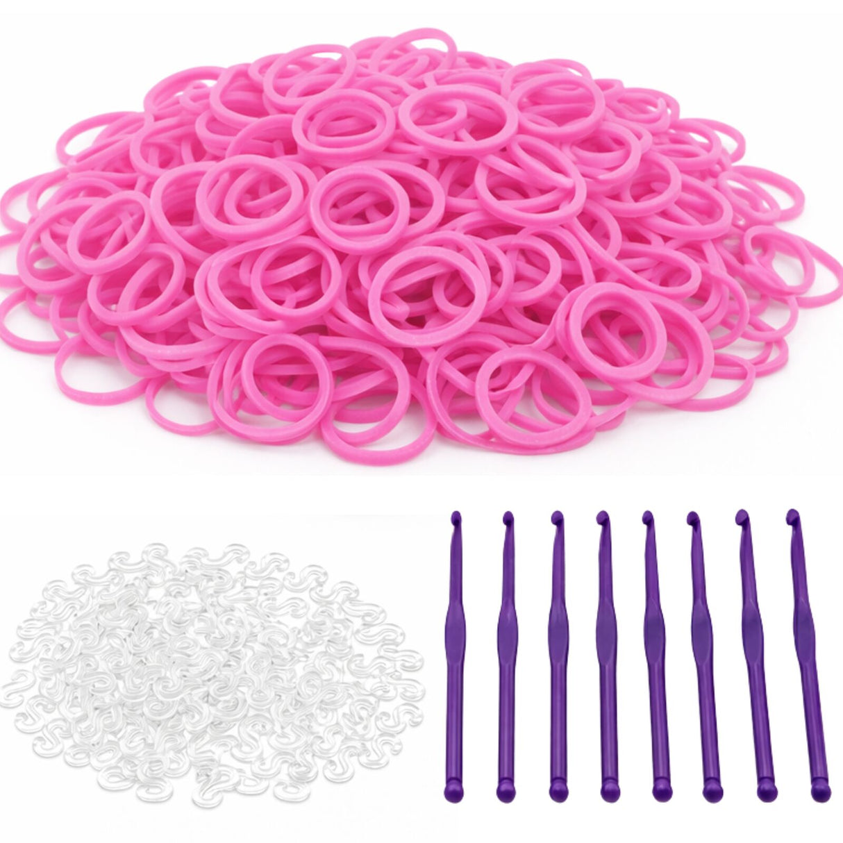 2400pcs Hot Pink Loom Bands Kit - Kids DIY Rubber Bracelet Craft Set w/ 96 S Clips & 8 Hooks
