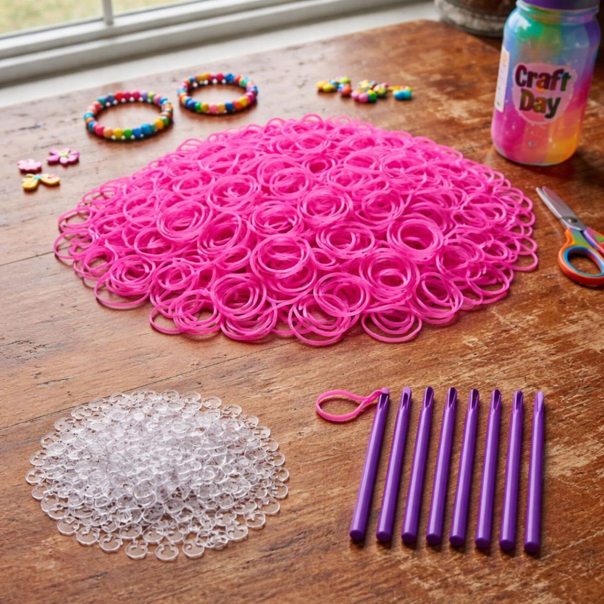 2400pcs Hot Pink Loom Bands Kit - Kids DIY Rubber Bracelet Craft Set w/ 96 S Clips & 8 Hooks