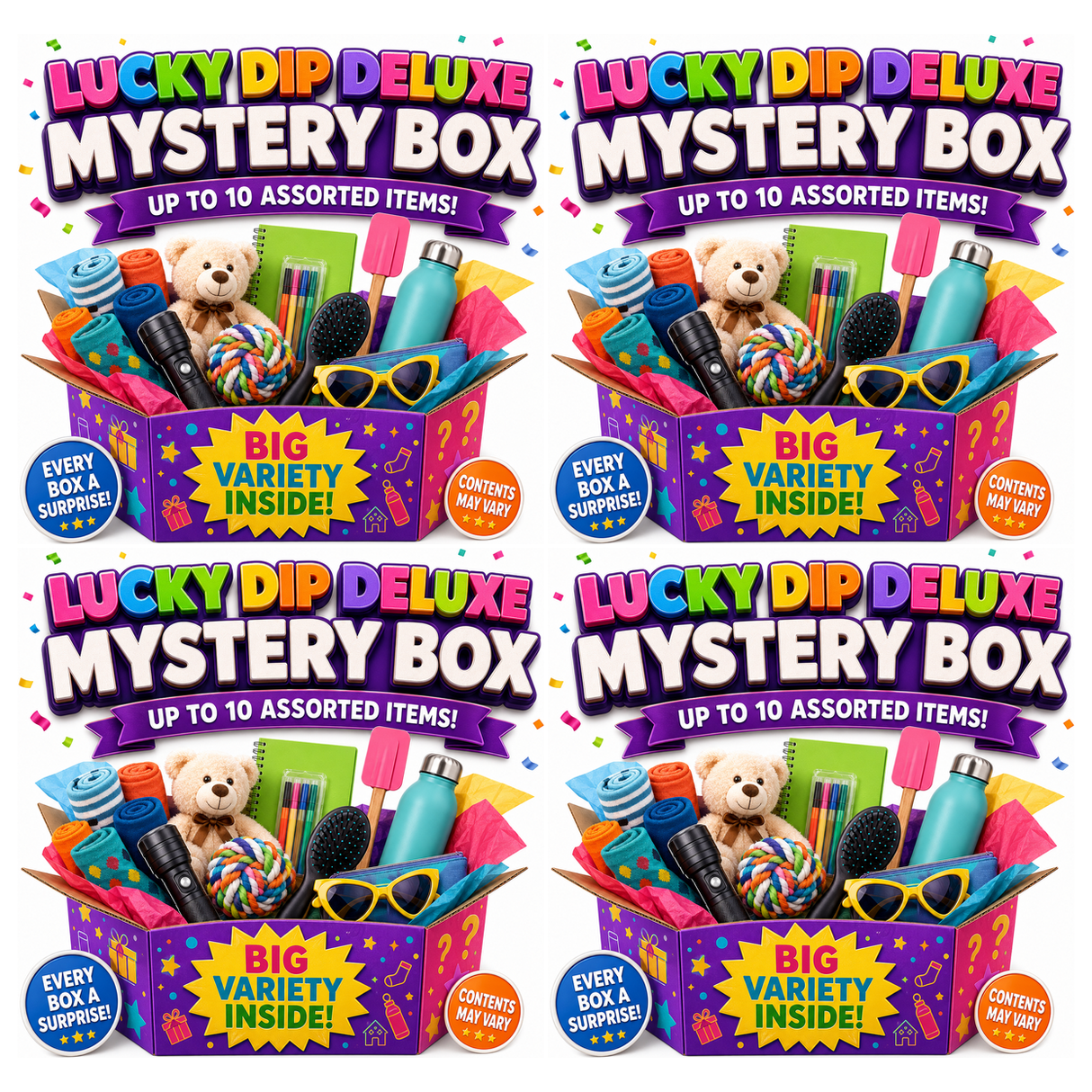 4x Lucky Dip Deluxe Mystery Box Bulk Pack - Assorted Gifts & Products