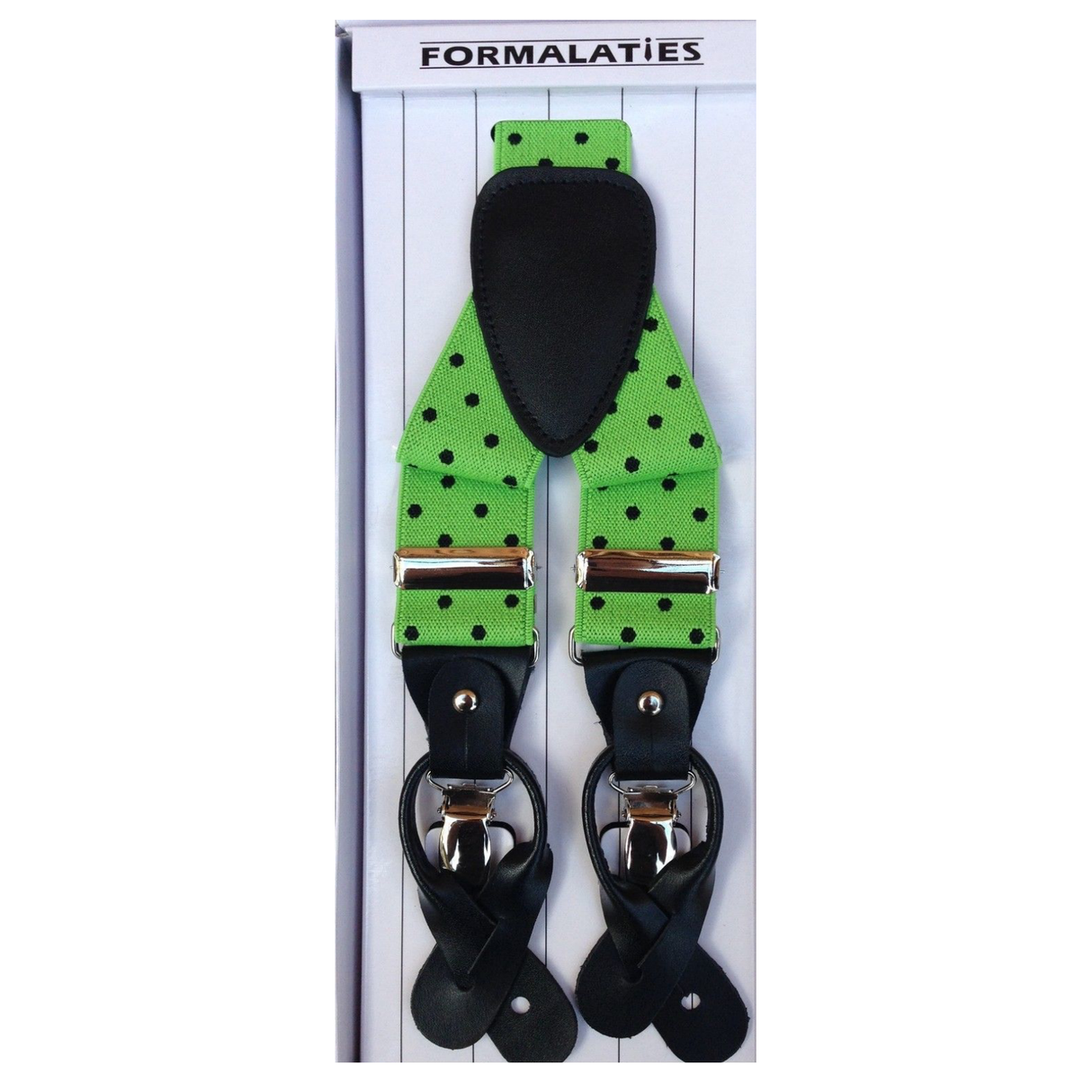 Mens Premium Convertible Suspenders Braces Clip On Elastic Y-Back Traditional Leather Tab - Polka Lime/Black