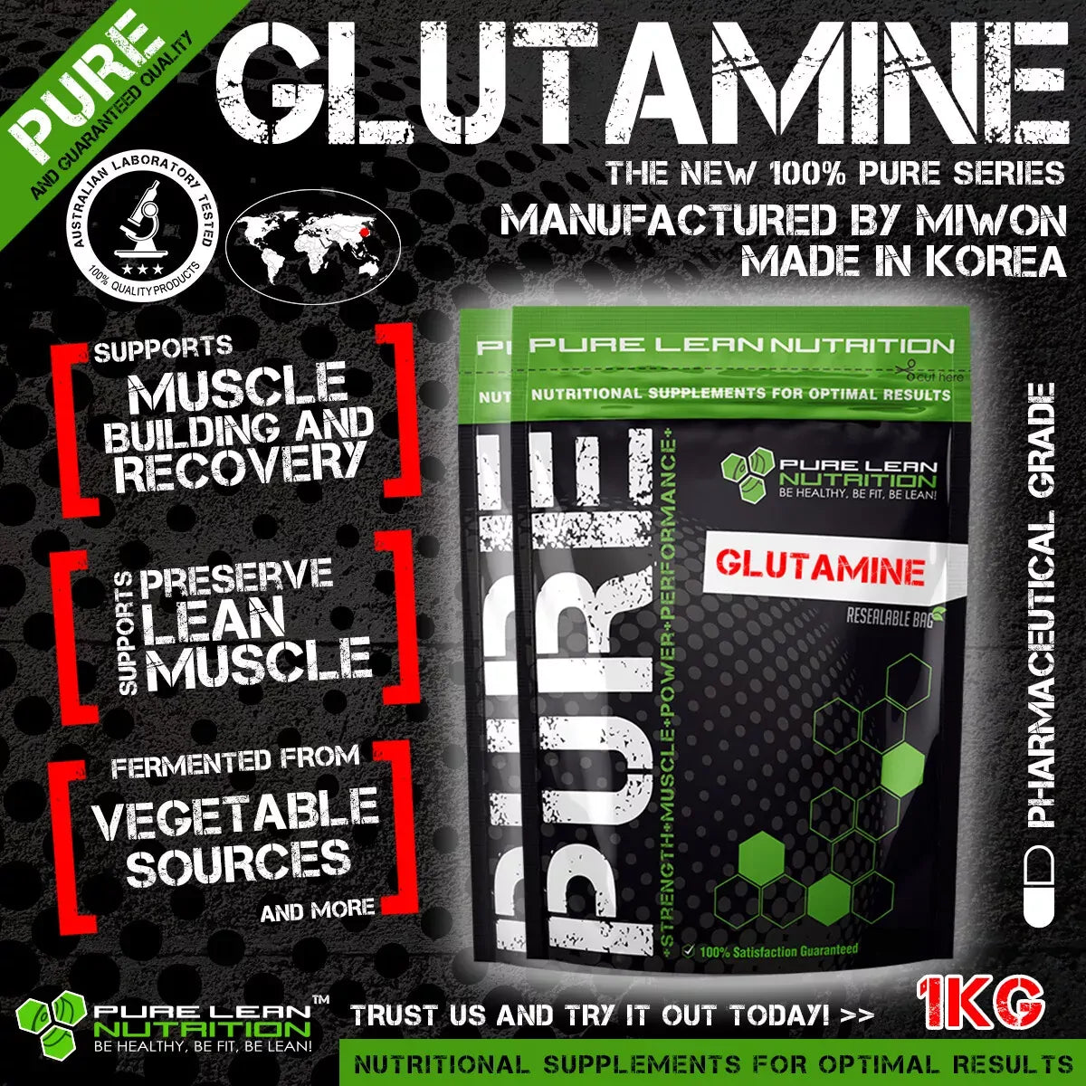 L-Glutamine Powder 1kg 100% Pure Micronised Pharmaceutical Grade by Miwon Korea