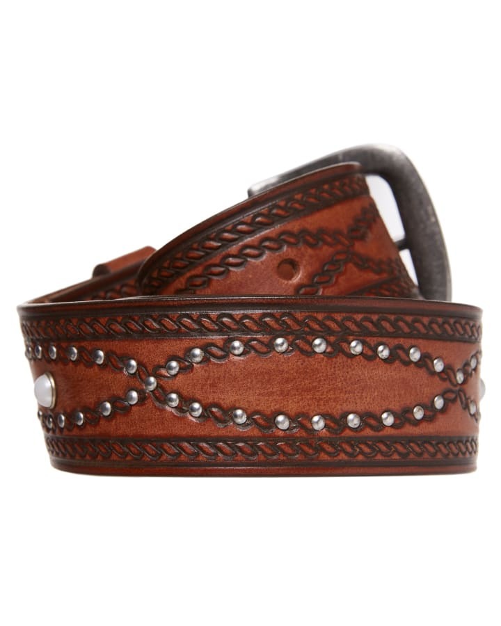 Mens Studded Genuine Buffalo Leather Belt Dual Size - Brown