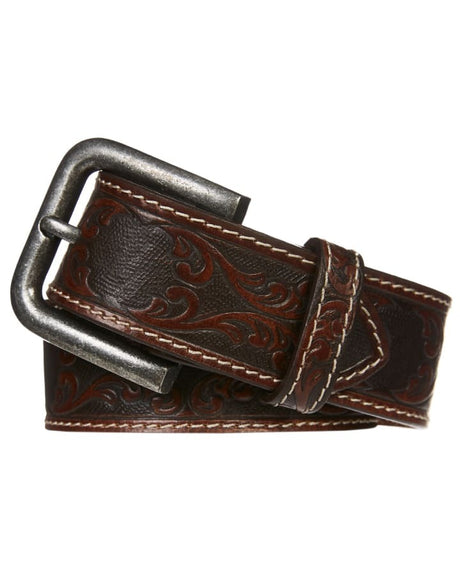Mens Engraved Genuine Buffalo Leather Belt - Brown