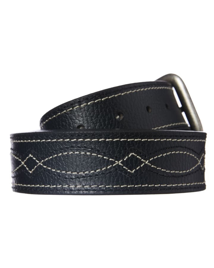 Mens Decor Stitch Genuine Buffalo Leather Belt Dual Size - Black