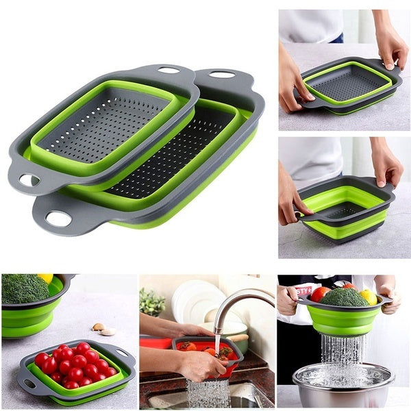 Square Draining Basket Collapsible Silicone Kitchen Storage Bag Fruit and Vegetable Basket Folding Filter