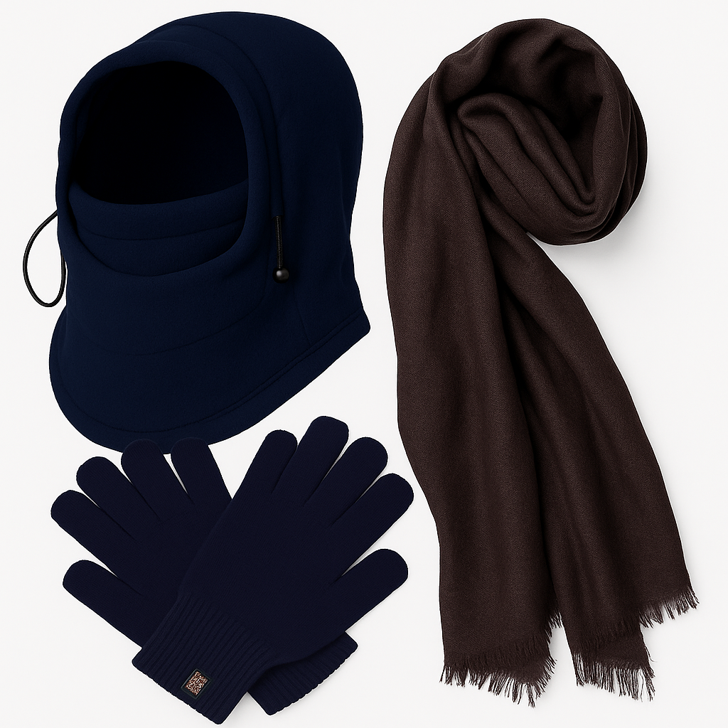 3pc Mens Winter Set - Fleece Balaclava, Scarf & Fingerless Gloves