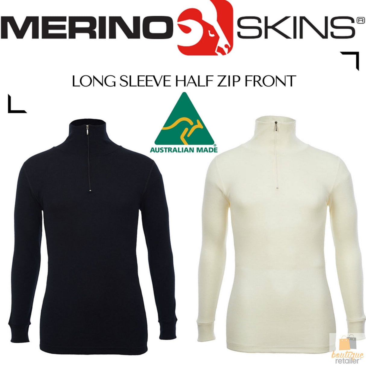 100% Wool MERINO SKINS Mens Half Zip Long Sleeve Thermal Underwear T-Shirt Top - Natural