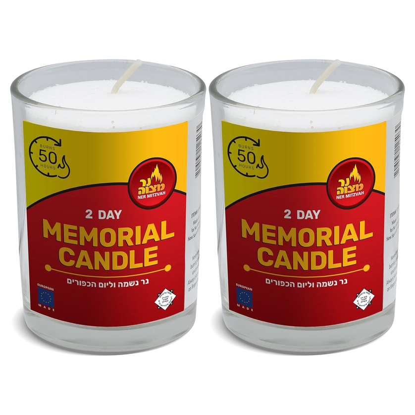2x Ner Mitzvah 2 Day (48 Hour) Memorial Candle in Glass Jar Pack - Jewish Yartzeit (Made in Europe)