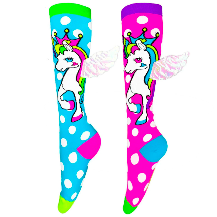 MADMIA Flying Unicorn Kids & Adults Long Knee High Socks - Girl's Pair - Pink/Blue
