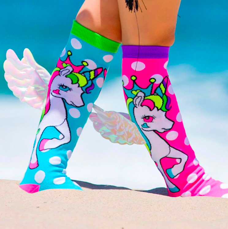 MADMIA Flying Unicorn Kids & Adults Long Knee High Socks - Girl's Pair - Pink/Blue