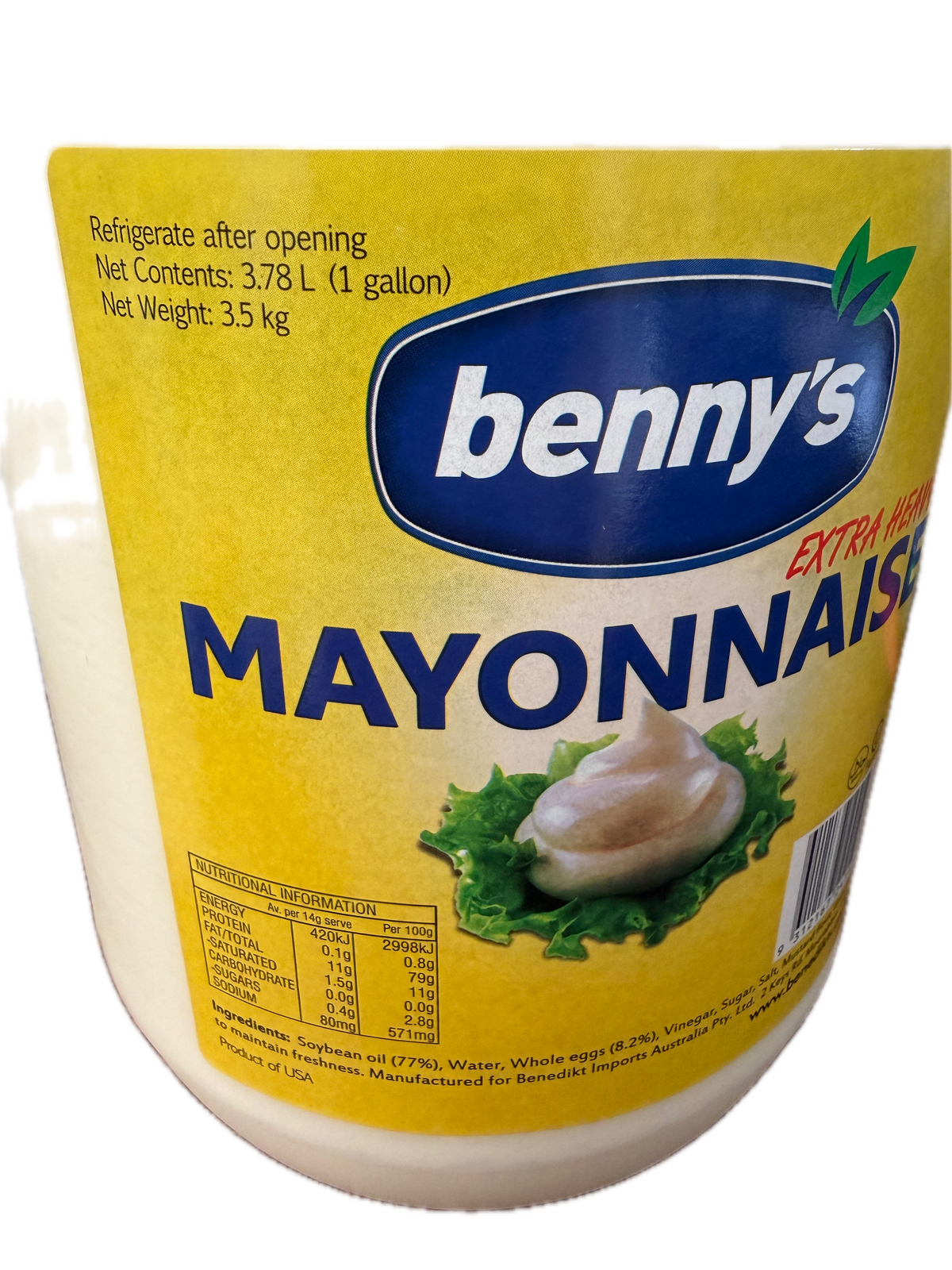 3.78 Litres Benny's Extra Heavy Kosher Halal Mayonnaise (1 Gallon) - Product of USA