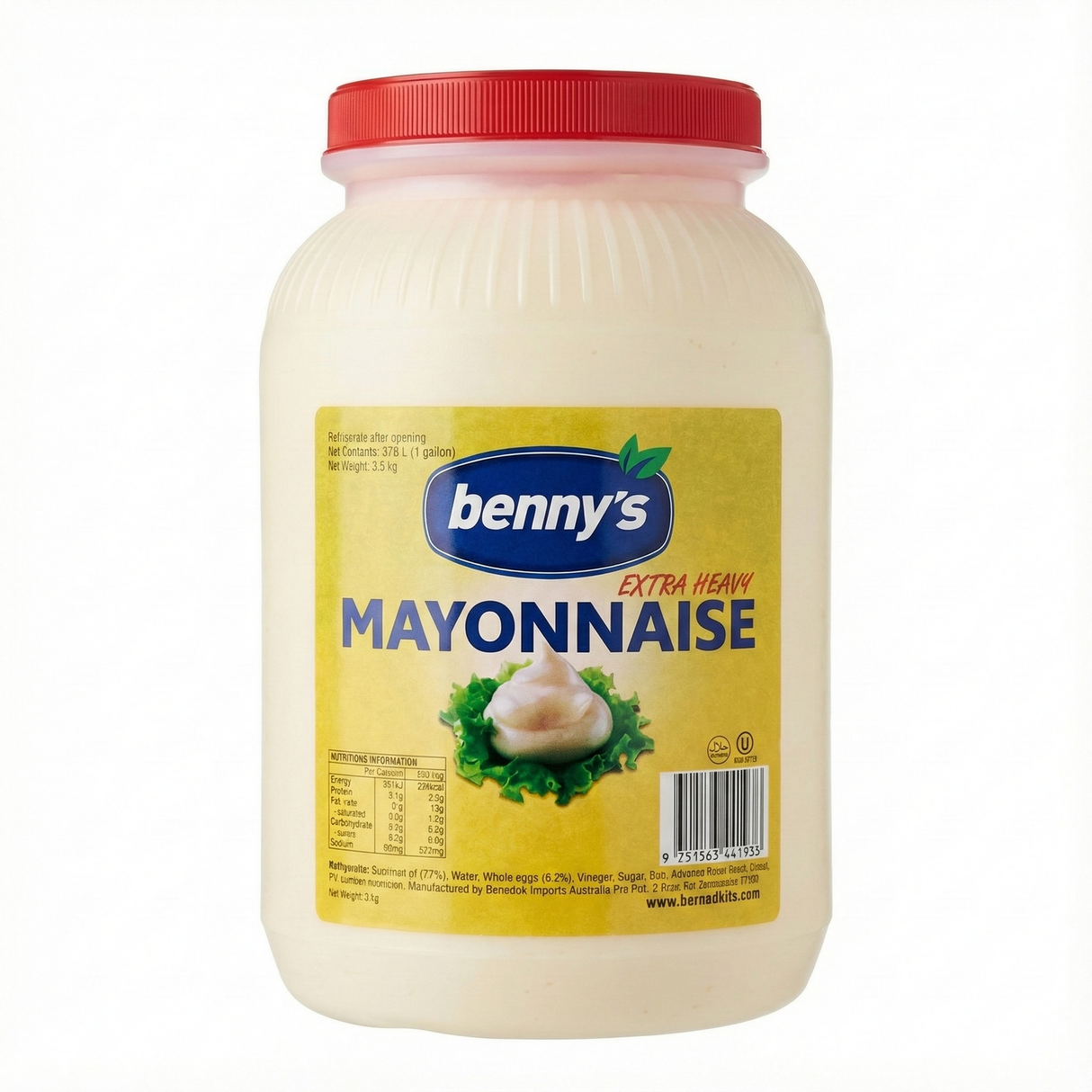 3.78 Litres Benny's Extra Heavy Kosher Halal Mayonnaise (1 Gallon) - Product of USA