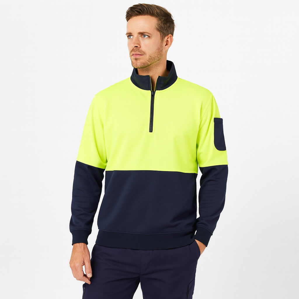 Munka Mens Hi Vis 1/4 Zip Fleece Sweat Sweater Jumper Warm Winter - Yellow/Navy - 3XL