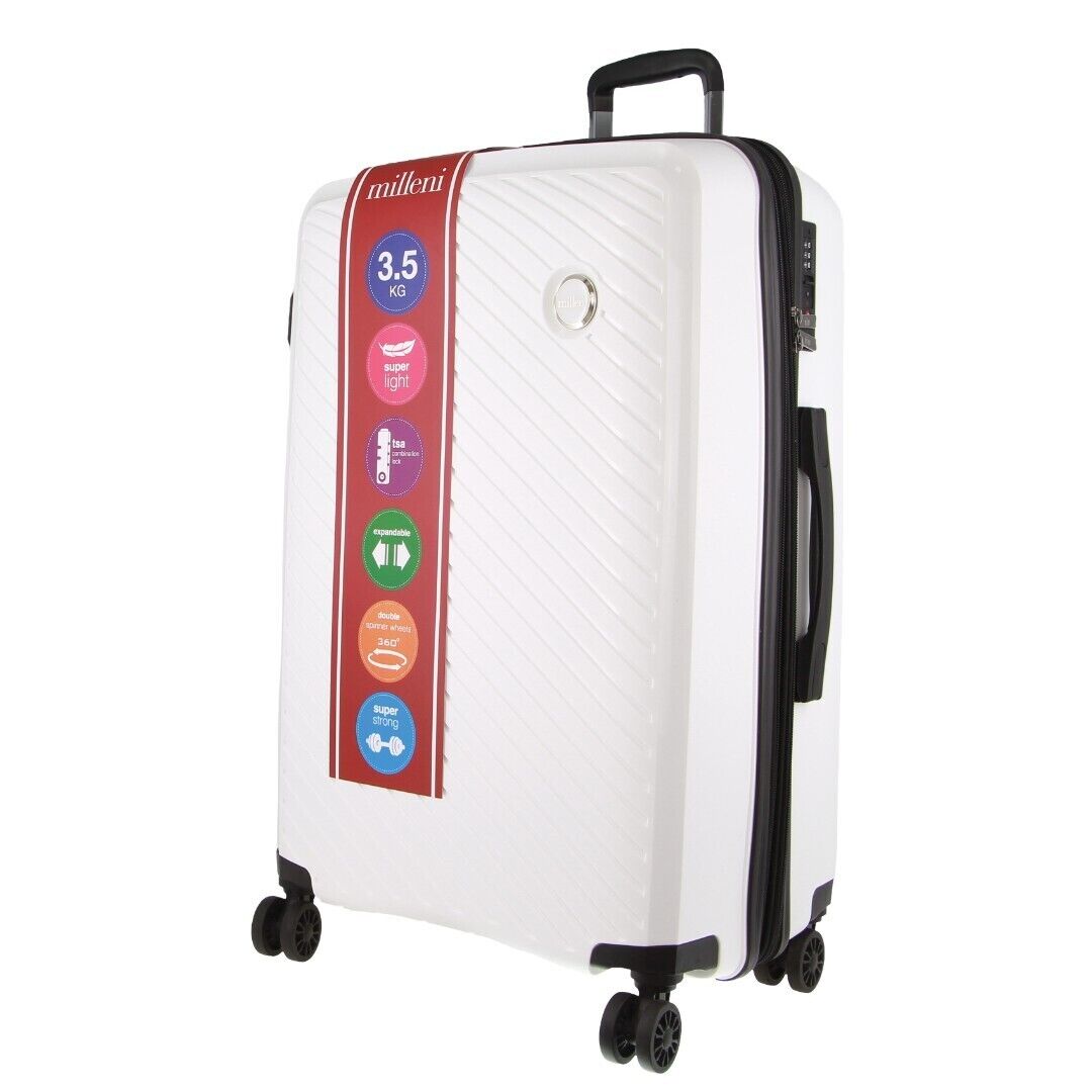 Milleni 75cm/124L Large Checked Luggage - White + Black Waist Bag (2-Item Travel Pack)