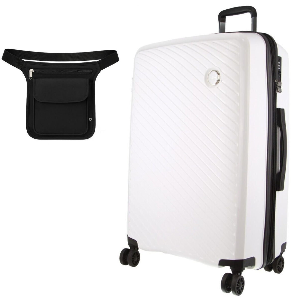 Milleni 75cm/124L Large Checked Luggage - White + Black Waist Bag (2-Item Travel Pack)
