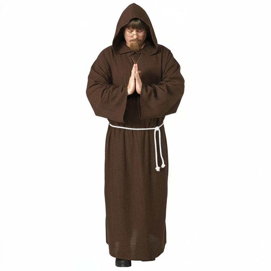 Adult Monk Medieval Costume Mens Priest Hooded Robe Friar Fancy Dress Halloween