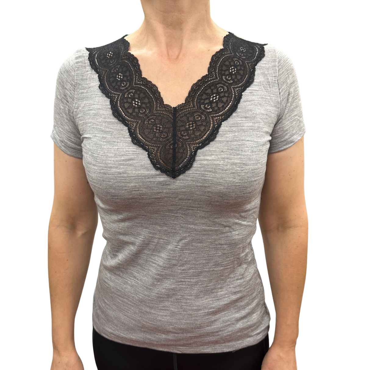 Merino Skins Womens Wool Top Audrina V-Neck Short Sleeve Thermal Underwear - Grey Marle