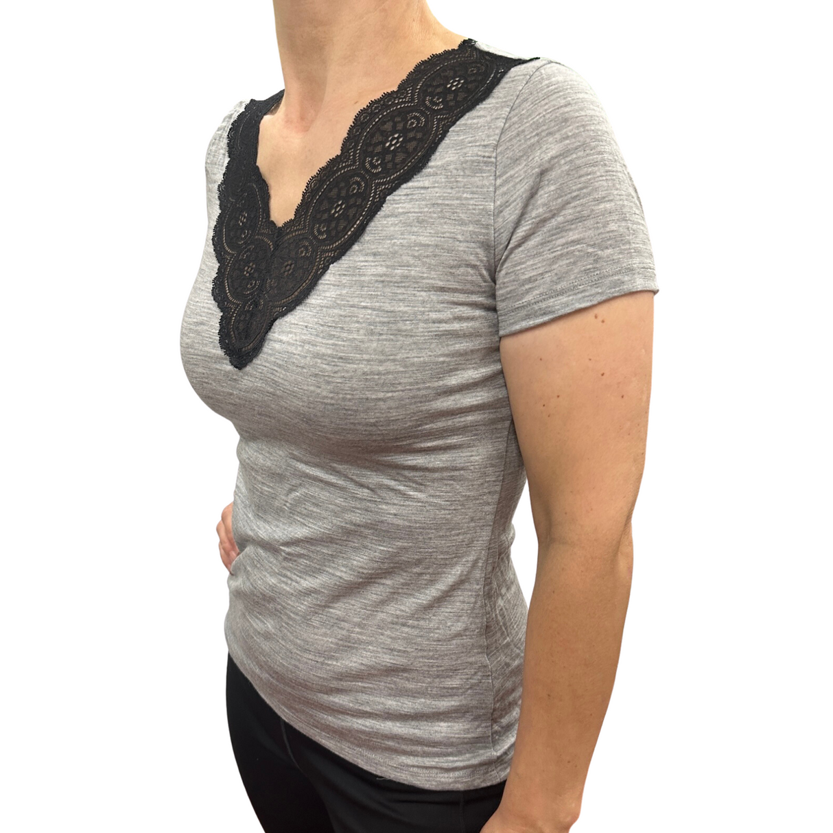 Merino Skins Womens Wool Top Audrina V-Neck Short Sleeve Thermal Underwear - Grey Marle