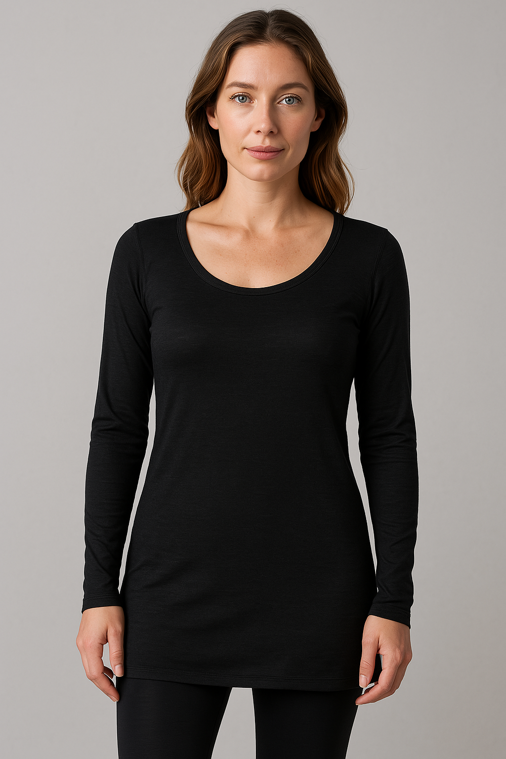 Merino Skins Womens Classic Scoop Neck Long Sleeve Tunic Thermal Underwear- Black