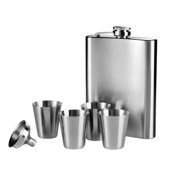Stainless Steel Classic 270ml Travel Flask Set w/ 4pc Shot Glass Silver