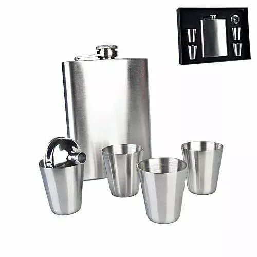Stainless Steel Classic 270ml Travel Flask Set w/ 4pc Shot Glass Silver