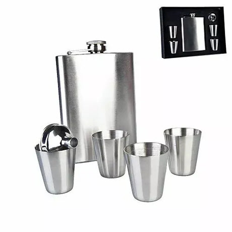 Stainless Steel Classic 270ml Travel Flask Set w/ 4pc Shot Glass Silver