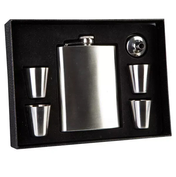 Stainless Steel Classic 270ml Travel Flask Set w/ 4pc Shot Glass Silver