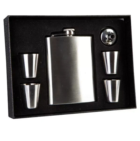 Stainless Steel Classic 270ml Travel Flask Set w/ 4pc Shot Glass Silver