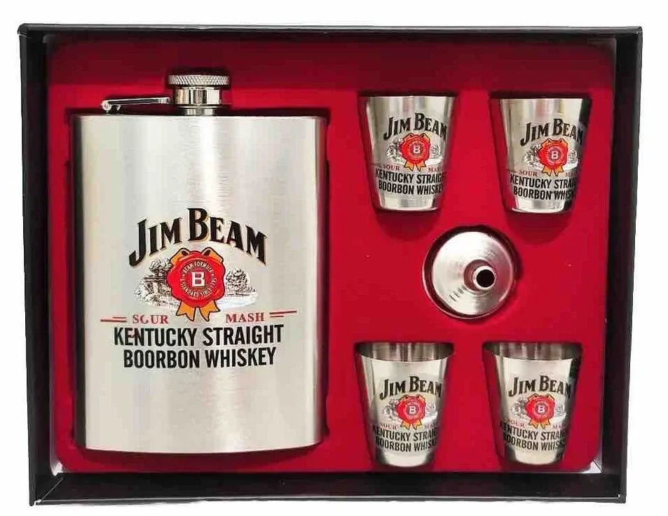 Jim Beam Stainless Steel Classic 270ml Travel Flask Set w/ 4pc Shot Glass Silver