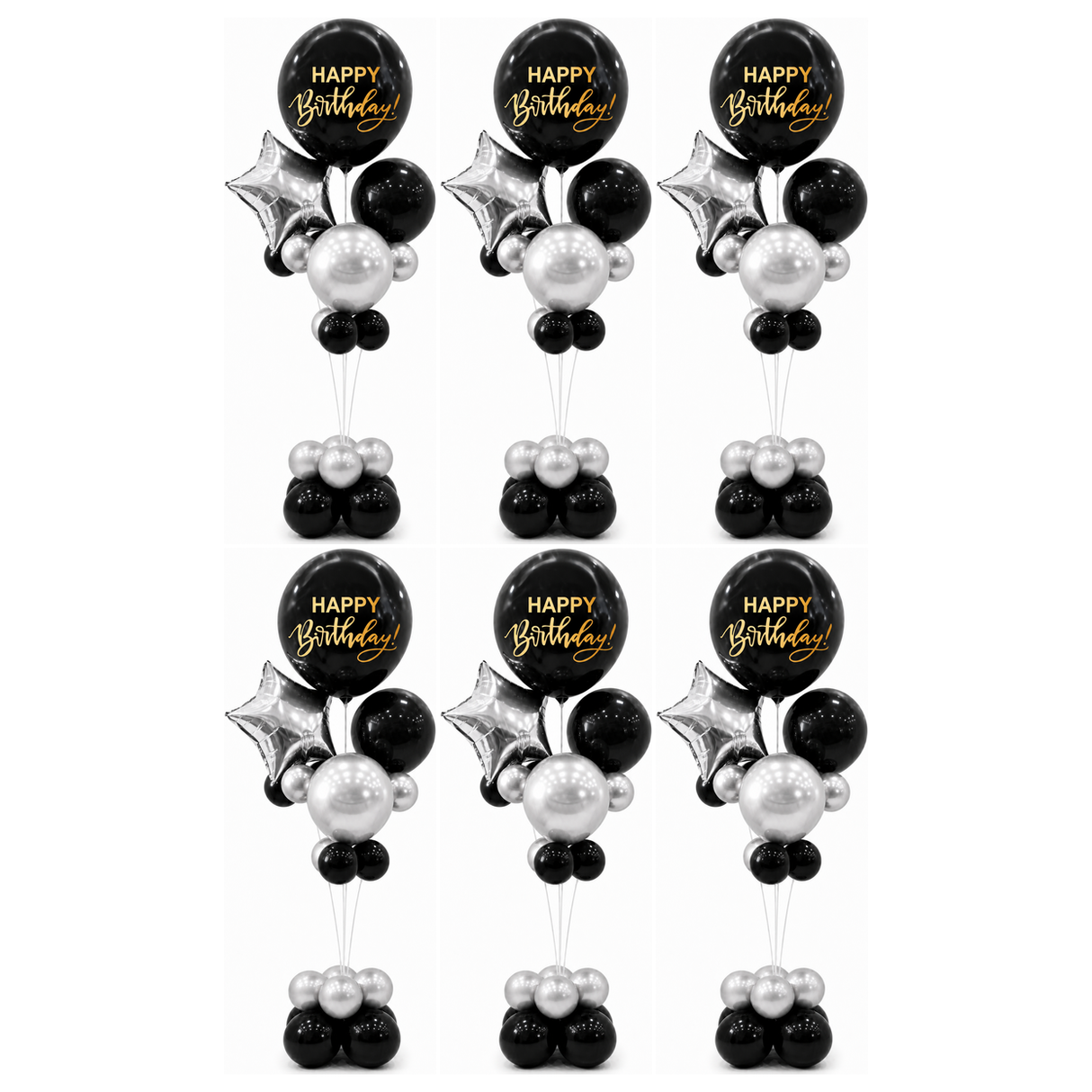 6x 165cm Birthday Balloon Stand Decoration Kit (21-Pieces) in Silver/Black (Bulk Pack)