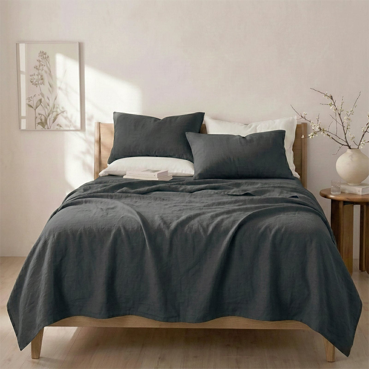 Renee Taylor Washed Linen Cotton Bed Sheet Set - Magnet