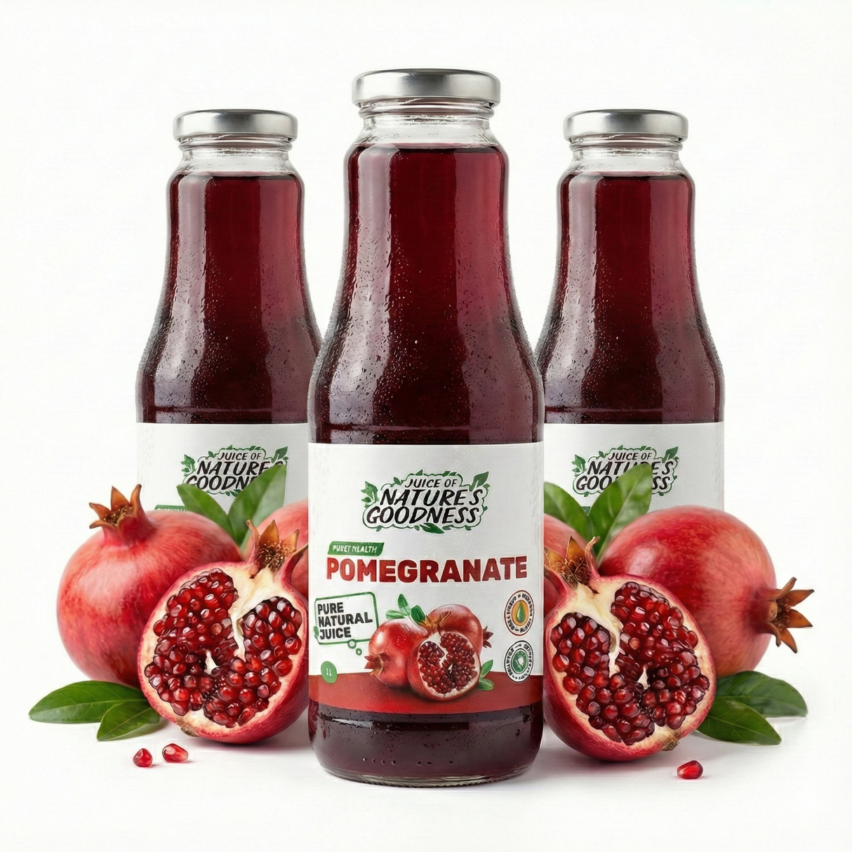 3x 1L Natures Goodness Pomegranate Cold Pressed Juice in Glass Jar - Product of Georgia