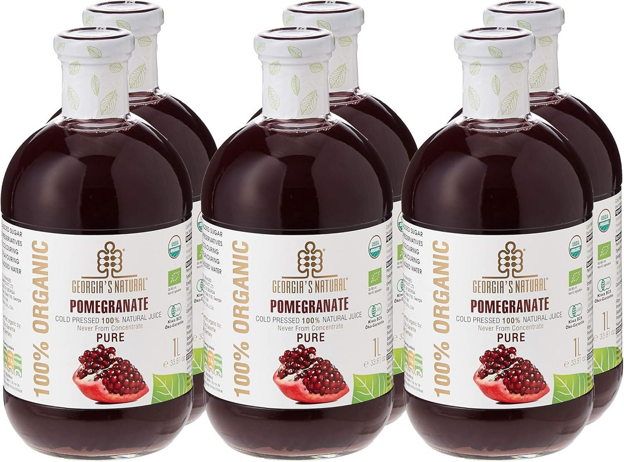 6x 1L Cold Pressed 100% Organic Pomegranate Juice in Glass Bottle - Product of Georgia