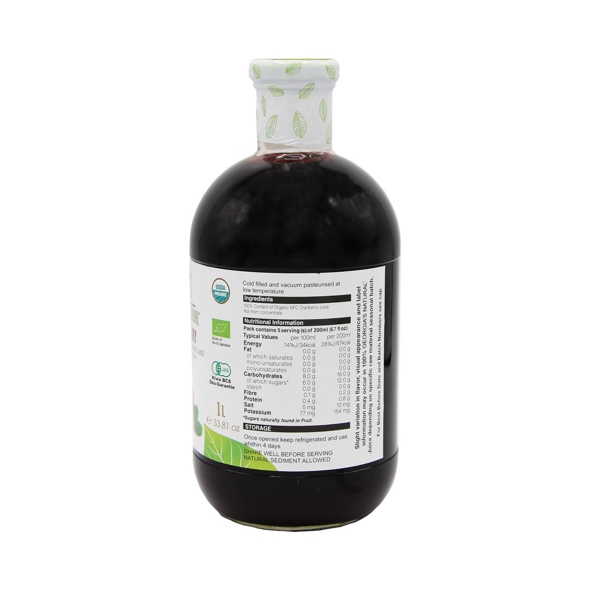 1L Cold Pressed 100% Organic Cranberry Juice - Glass Bottle (Product of Georgia)