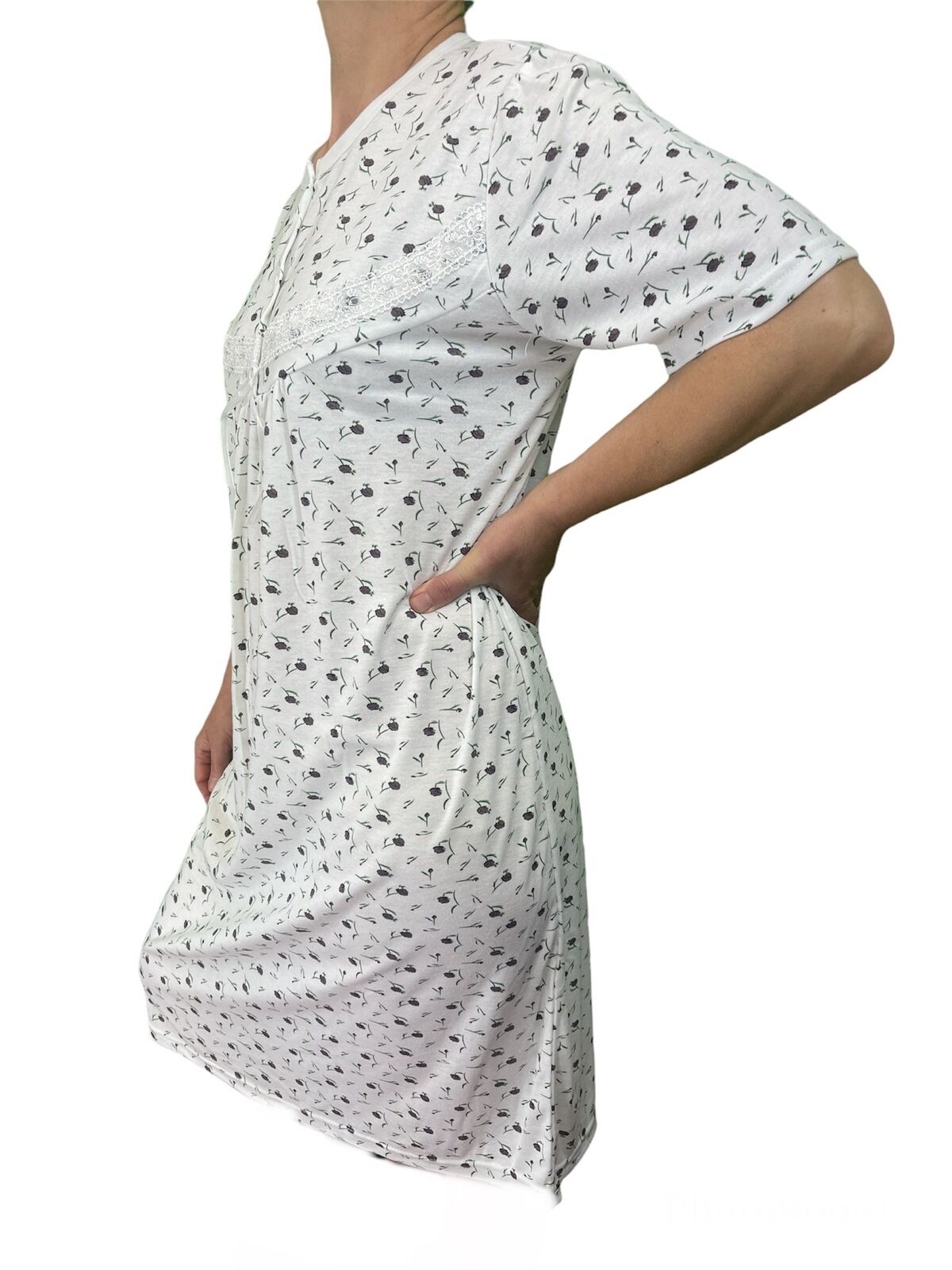 Womens Cotton Short Sleeve Nightie - White/Purple (Ladies Pyjamas/Nightgown/PJs)