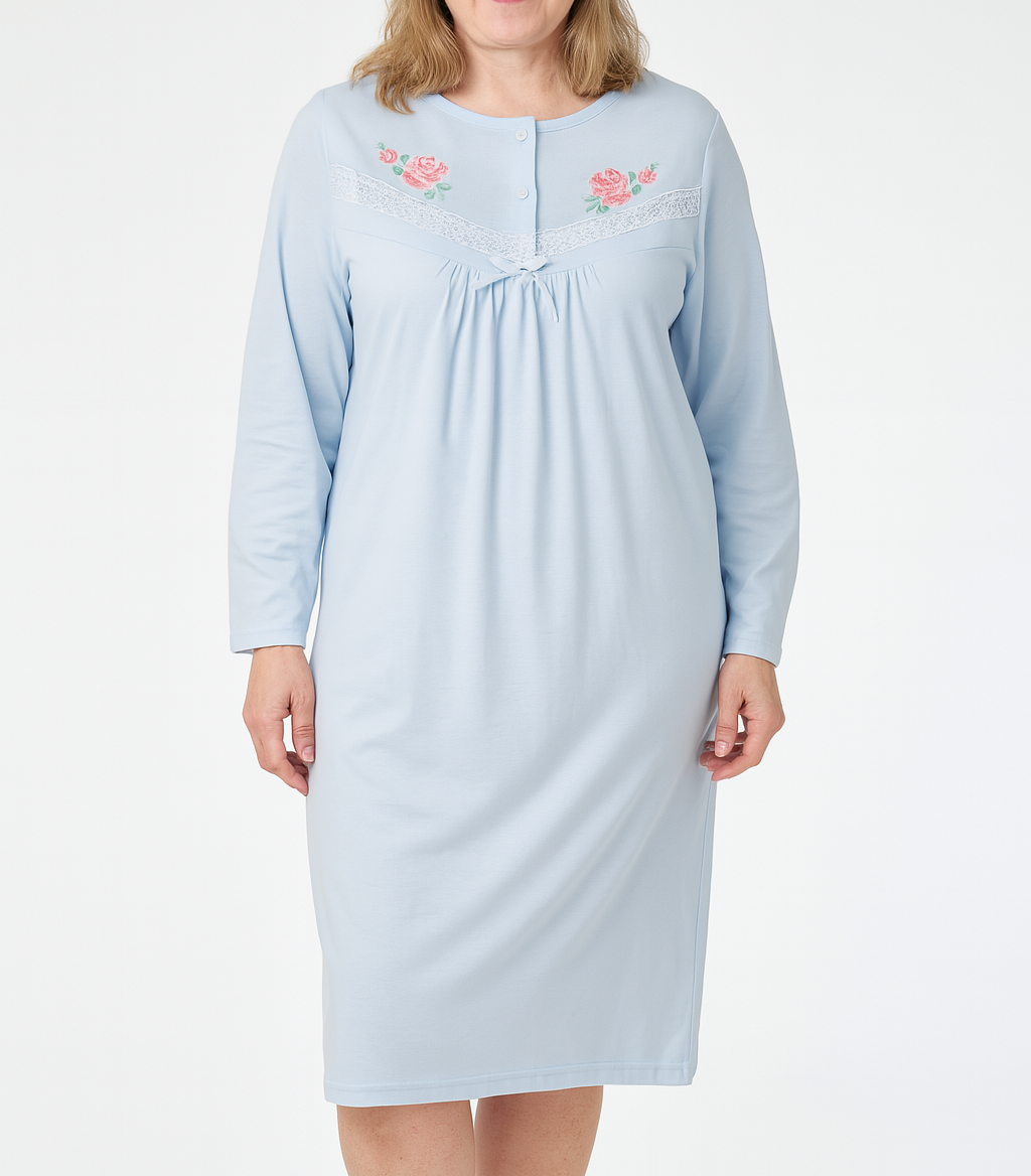 Plus Size Womens Cotton Long Sleeve Nightie Gown Pyjamas Sleepwear King Size PJ in Blue