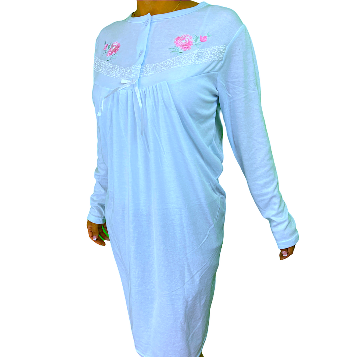 Womens Cotton Long Sleeve Nightie - Blue (Ladies Pyjamas/Nightgown/PJs)