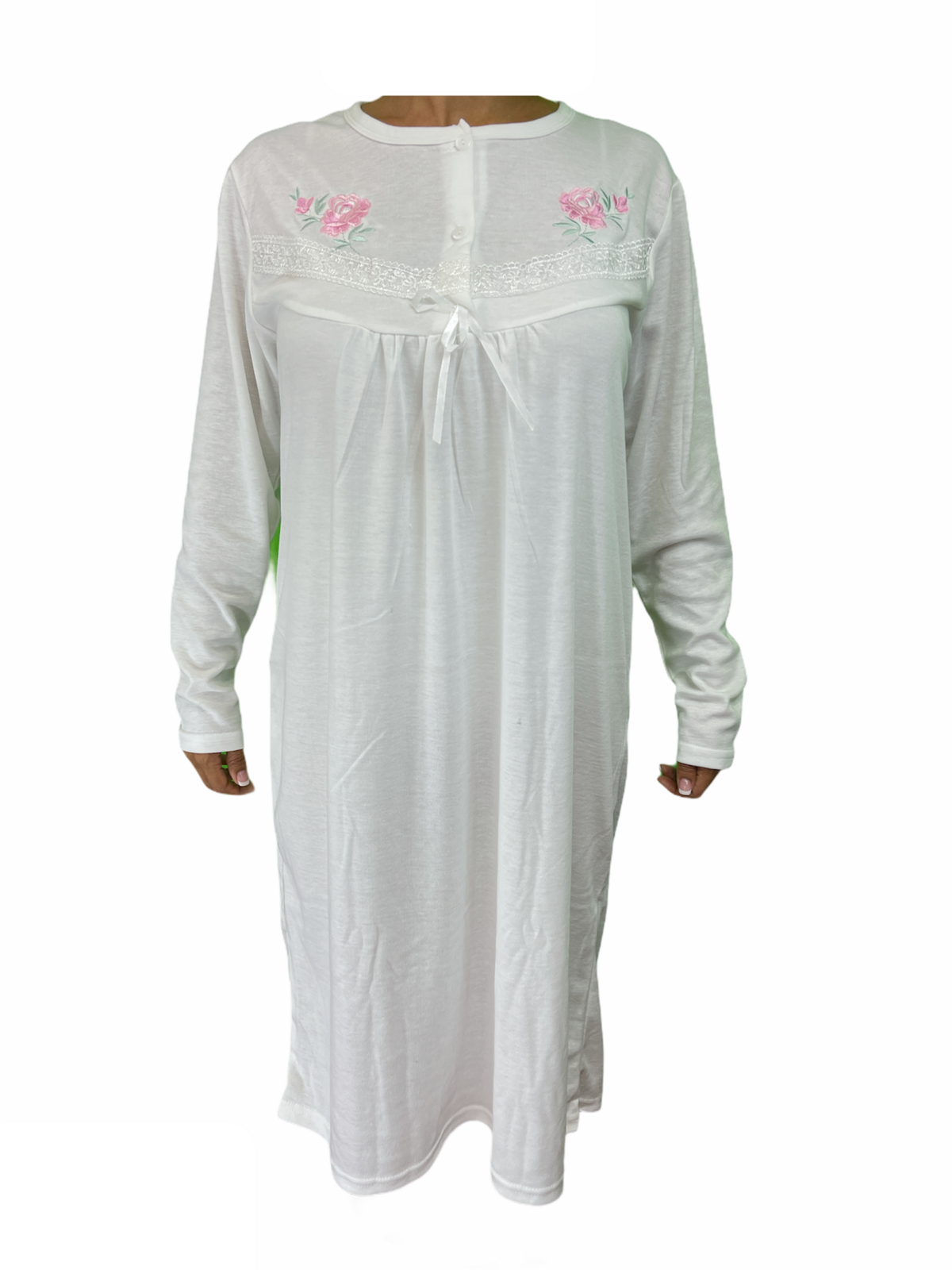 Womens Cotton Long Sleeve Nightie - White (Ladies Pyjamas/Nightgown/PJs)