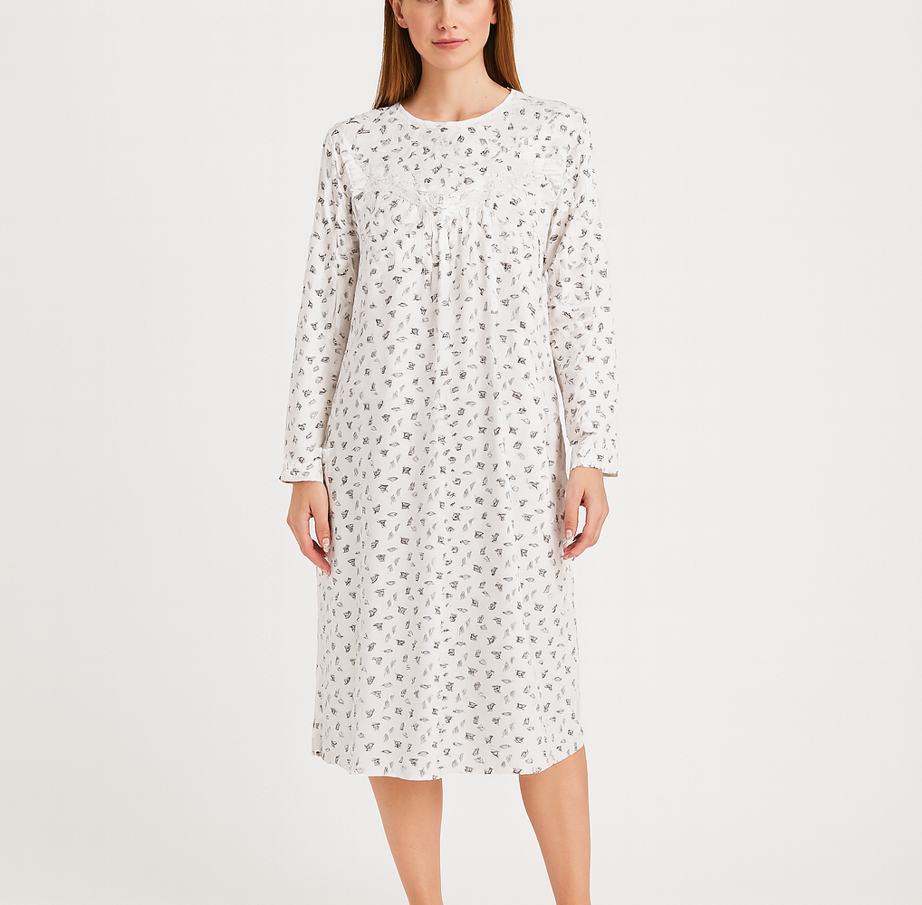 Womens Cotton Long Sleeve Nightie Gown Pyjamas Sleepwear PJ in White/Purple